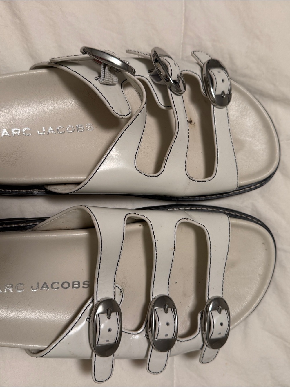 Marc Jacobs White Triple-Buckle Leather Sandals